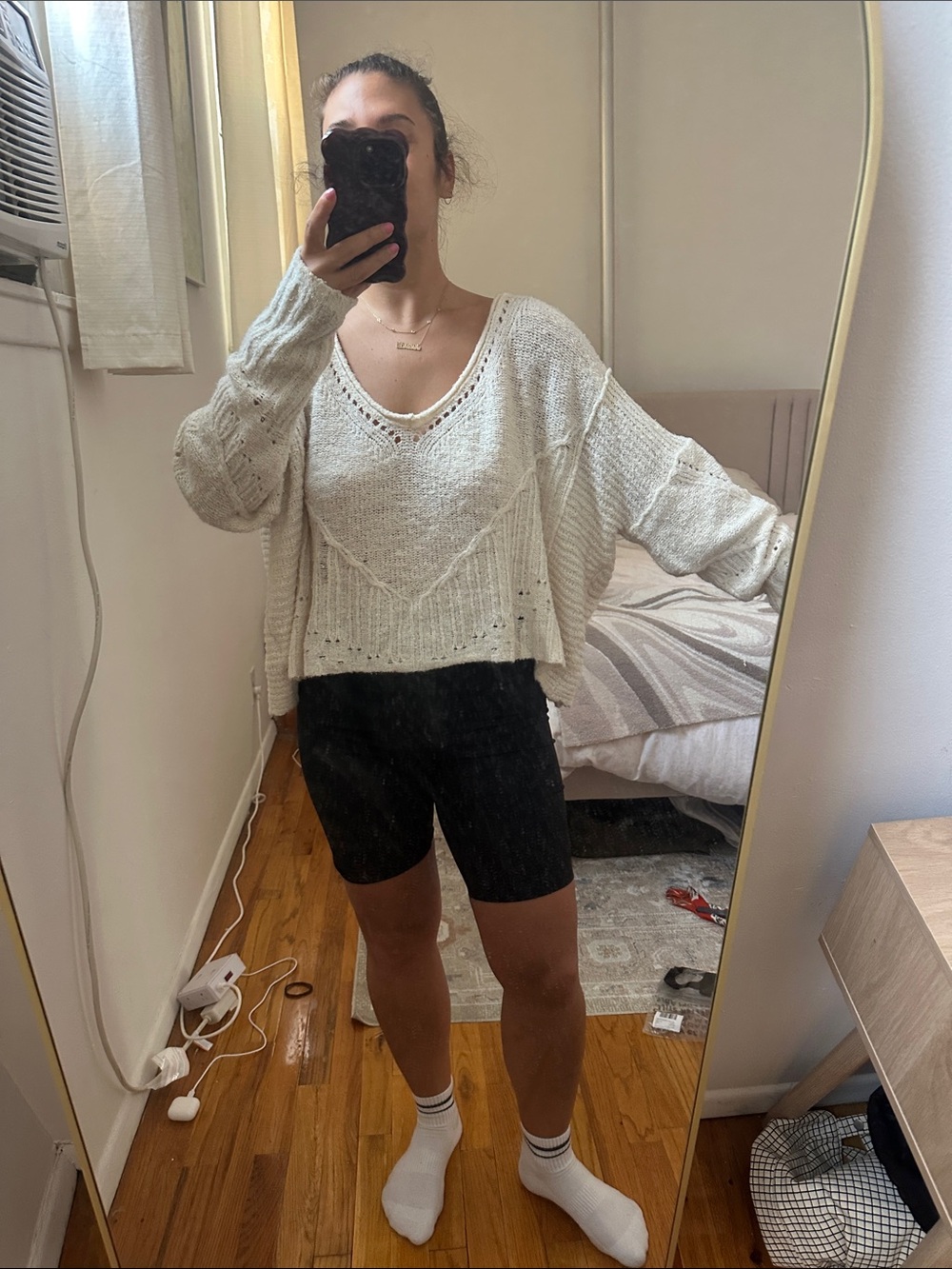 Free People Cream Oversized V-Neck Knit Sweater